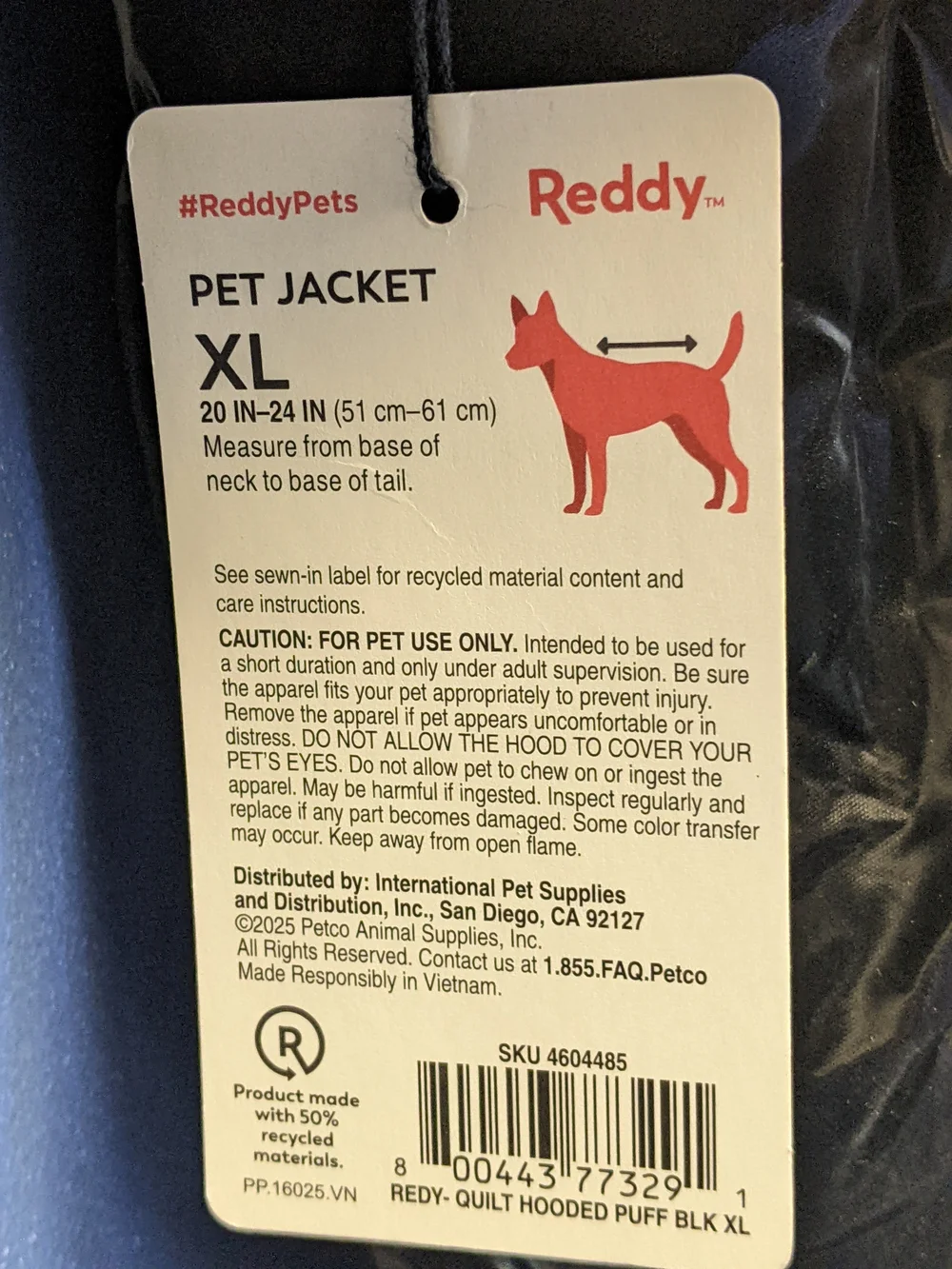 Dog's Quilt Puffer Jacket - Black - Size XL - New